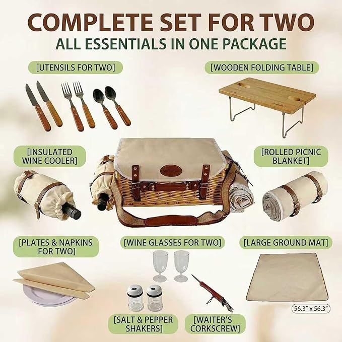 Multifunctional Wicker Picnic Basket Set for 2 Adults with Picnic Table and Blankets,Large Insulated Picnic Set with Wine Pouch and Full Tablewares for Camping Outdoor Couples Natural Beach Wedding