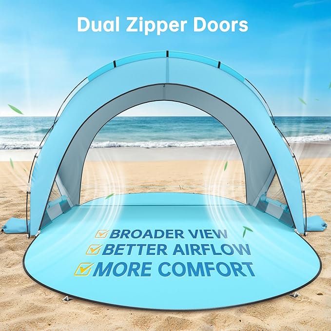 Beach Tent Sun Shelter, Beach Shade Tent with UPF50+ UV Protection, Sun Shelter for 1-4 Person, Beaches Shade with 2 Zippered Doors, Portable Tents for Camping Fishing, Light Blue