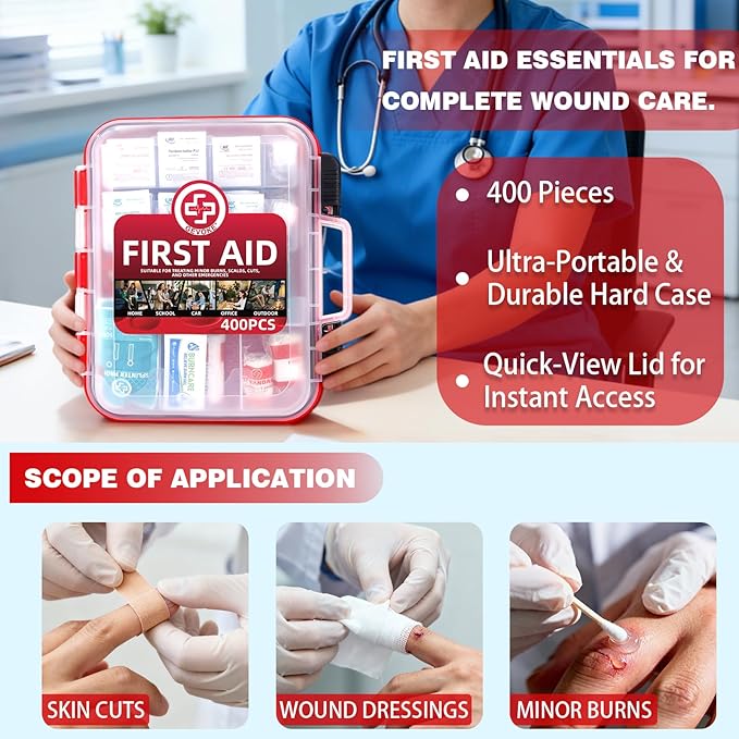 400 Piece First Aid Kit - Organized Dual-Layer Wall-Mountable Hard Case Medical Kit for Home, Car, Camping, Travel, Hiking, Truck, Office, Sports, Vehicle & Outdoor Emergencies