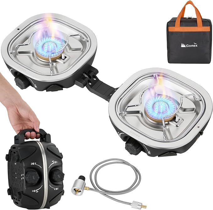 Gonex AeroFlame Dual Burner 20,000 BTUs Propane Camping Stove with Precision Flame Control & Removable Pot Stands, Portable Folding Camp Stove for Camping, Hiking, Patio, BBQ(Black)