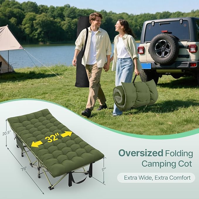 Suteck 32In XXL Folding Camping Cot, 900LBS Heavy Duty Sleeping Cot with Pillow Mattress, 1200D Double-Layer Oxford Portable Cot for Adults with Carry Bag for Home Office Nap Beach Travel