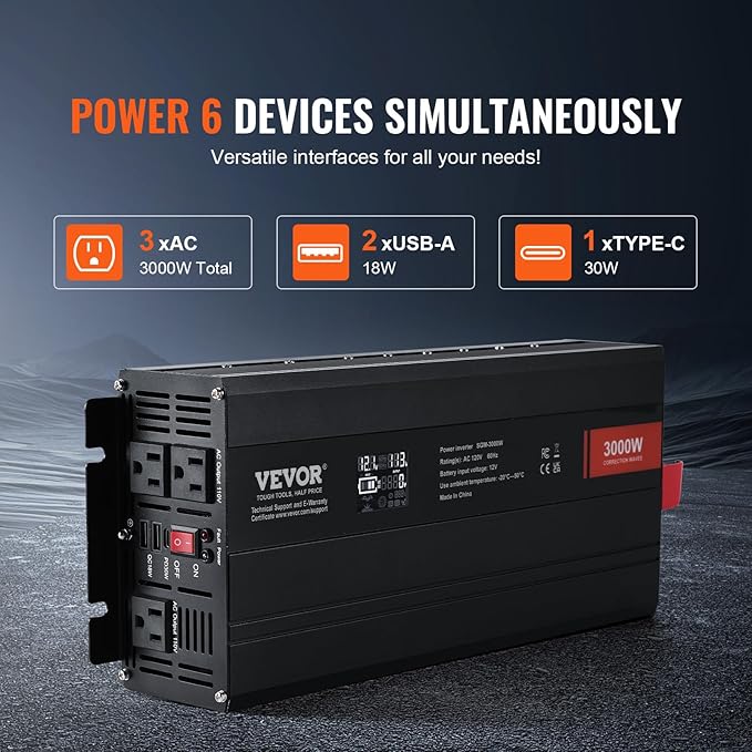 VEVOR Modified Sine Wave Inverter, 3000Watt, DC 12V to AC 120V LCD Display Power Inverter with 3 AC Outlets 2 USB Port 1 Type-C Port 10 Spare Fuses, for Large Household Equipment, CE FCC Certified