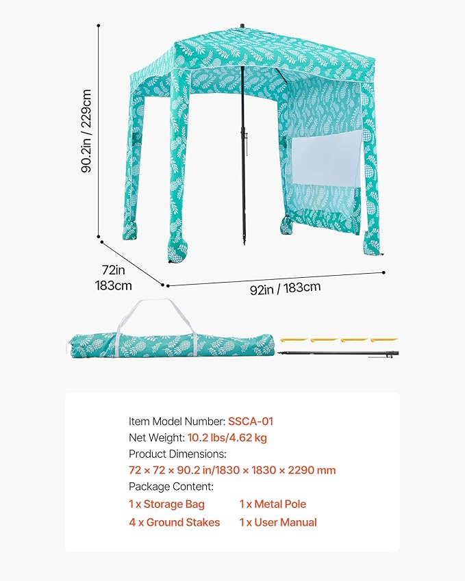 VEVOR Beach Cabana, 6 x 6 ft Beach Canopy with Side Wall, UPF 50+ Protection Easy Setup Cabana Tent with Sand Pockets, Large Portable Shade Sun Shelter, Outdoor Umbrella for Whole Family & Friends