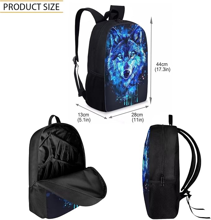 3PCS Blue Wolf Print Kids School Bag Set, Waterproof Daypack Knapsack Insulated Lunch Tote Bag Pen Case Organizer for Hiking