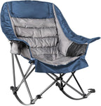 Oversized Rocking Camping Chair for Adults - 400lbs Capacity Padded Camp Chair with Cup Holder, Portable Foldable Outdoor Rocker Chair for Camping, Backyard, Patio (Blue & Gray)