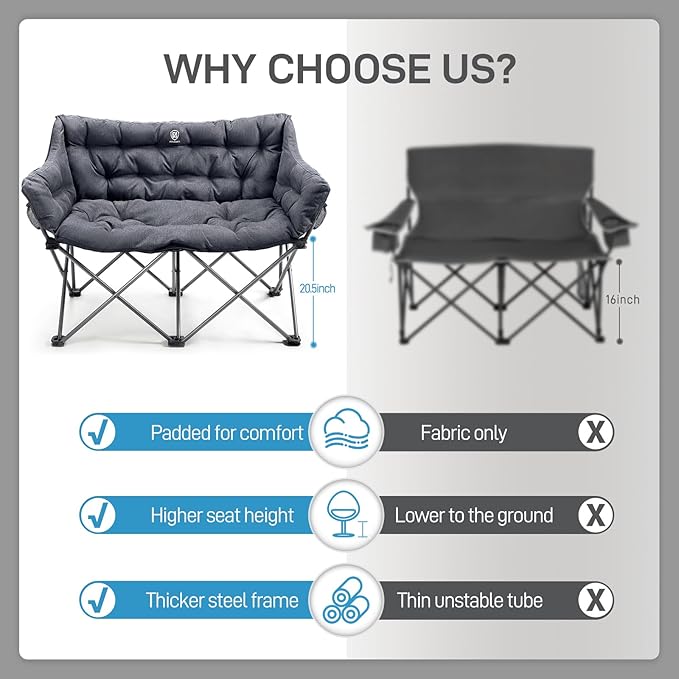 EVER ADVANCED Double Camping Chair for Adults, Padded Folding Camping Love Seat Bench with Side Pocket Portable Camping Couch, 2 Person Heavy Duty Outdoor Chair with Cushion,Support 600lbs, 2Pack