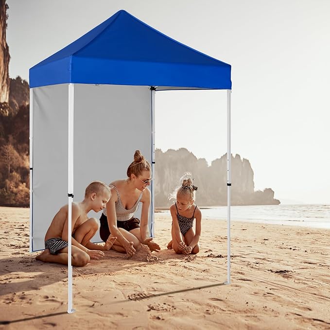 5x5 Pop Up Canopy Tent with One Sidewall, Instant Portable Beach Canopy, Outdoor Tent with Carry Bag for Camping, Sports, Tailgating, Events, Blue