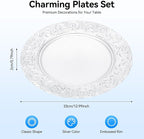100 Pcs Silver Round Charger Plates Bulk, 13 Inch Antique Charger Plates Set, Plastic Embossed Decorative Chargers Floral Plate for Wedding,Christmas,Party, Event,Decoration (Silver)