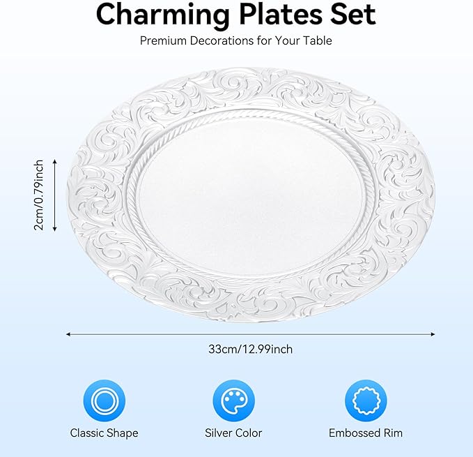 DYRABREST 100 Pcs 13 Inch Silver Charger Plates, Bulk PP Wedding Chargers with Floral Reef Design Decorative Round Ruffled Rim Dinner Plates for Wedding Party Event Table Setting Decoration