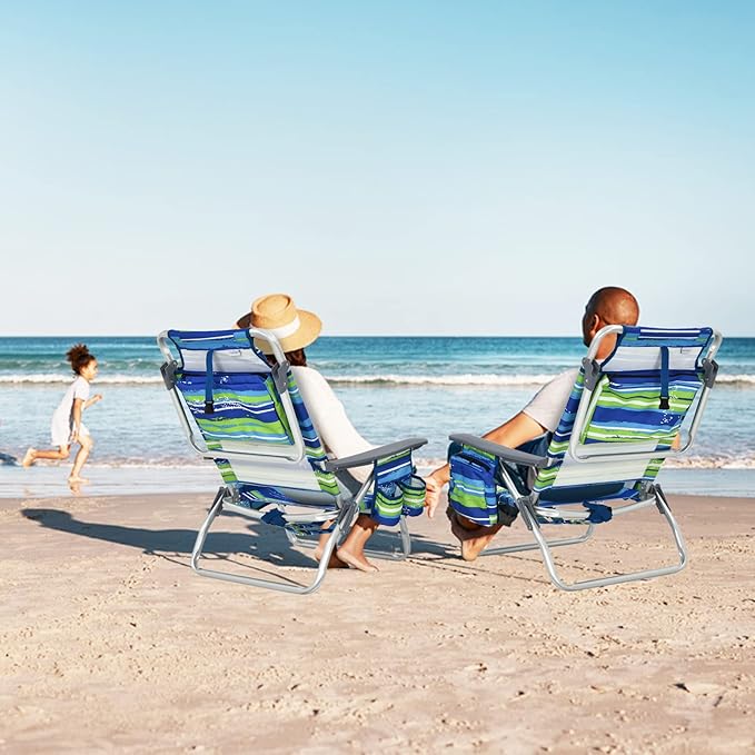 Tangkula Set of 4 Backpack Beach Chair, 5-Position Lay Flat Beach Chairs with Cooler Bag, 2 Cup Holders, Towel Bar, Lightweight Folding Beach Chair with Backpack Straps