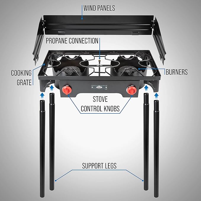 Hike Crew Cast Iron Double-Burner Outdoor Gas Stove | 150,000 BTU Portable Propane Cooktop w/Blue Flame Control, Removable Legs, Temperature Control Knobs, Wind Panel, Hose, Regulator & Storage Case