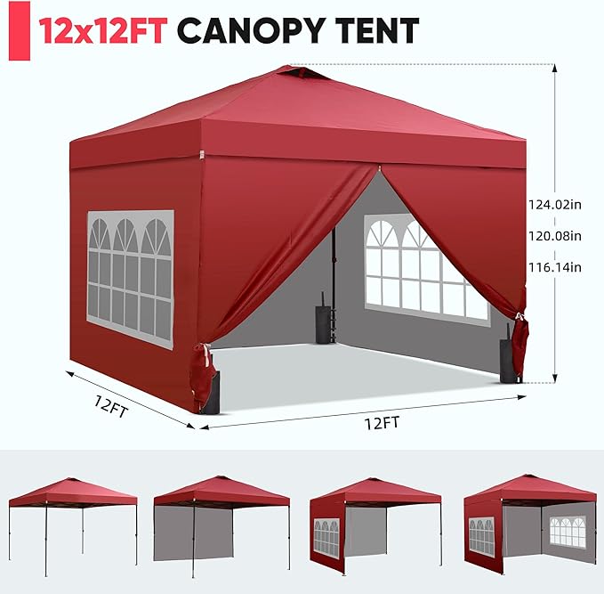 GDY 12x12 Pop Up Canopy Tent with 4 Sidewalls, Easy Set up with One Push Lift Gazebo with Wheel Bag and4 Sandbags,Carpas for Events, Parties,Camping, Red.