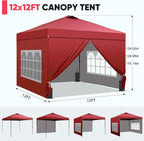 GDY 12x12 Pop Up Canopy Tent with 4 Sidewalls, Easy Set up with One Push Lift Gazebo with Wheel Bag and4 Sandbags,Carpas for Events, Parties,Camping, Red.