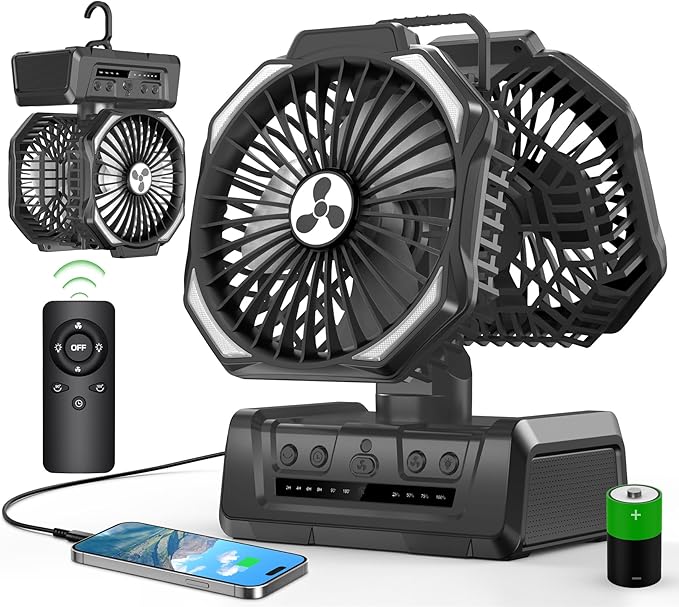 Dual Head Portable Rechargeable Fan 20000mAh Battery Powered Fan Camping Cordless with 360° Air Delivery, LED Lantern & Remote, Auto Oscillation, Battery Operated for Tent Office Travel Picnic Jobsite