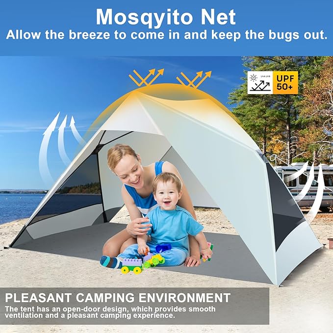 Pop Up Beach Tent for 2/3/4 Person with UPF 50+ UV Protection, Lightweight & Easy Setup Beach Shade Canopy, Wind-Resistant Shelter Portable Cabana for Family Outdoor Picnics Fishing