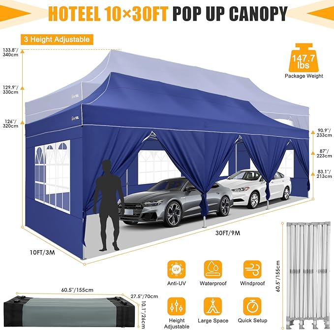 HOTEEL 10x30 Heavy Duty Pop Up Canopy Tent with Sidewalls, Tents for Parties Commercial Party Tent Event Wedding Instant Canopy Waterproof with Carry Bag, UV 50+, Thicked Hexagonal Legs, Deep Blue