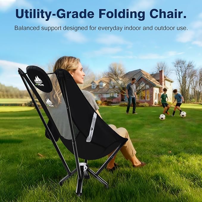 Utility-Grade High-Back Folding Chair — Stable One-Piece Structure, Extended Back Support for Longer Sitting, Reinforced Aluminum Frame, Portable Chair for Camping, RV & Outdoor Use