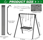 Campfire Swing Grill Stand Adjustable Campfire Cooking Equipment Camping Accessories Cookware Hanging Rack with 8 Hooks and Portable Grill Stand for BBQ Picnic Outdoor Party
