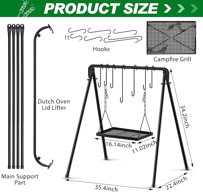 Campfire Swing Grill Stand Adjustable Campfire Cooking Equipment Camping Accessories Cookware Hanging Rack with 8 Hooks and Portable Grill Stand for BBQ Picnic Outdoor Party