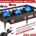 Bestfire 3 Burners Camping Stove for Cooking Outdoor, 225,000 BTU Propane Burners with Ignition wire&Removable Legs, Temperature Control Knobs and 20 PSIG High Pressure Regulator for BBQ