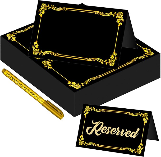 100 Pcs Black Place Cards and Gold Pen for Weddings, Name Cards with Gold Foil Border for Table Setting Folded Table Tents Sign for Buffet Banquet Parties Events Celebrations