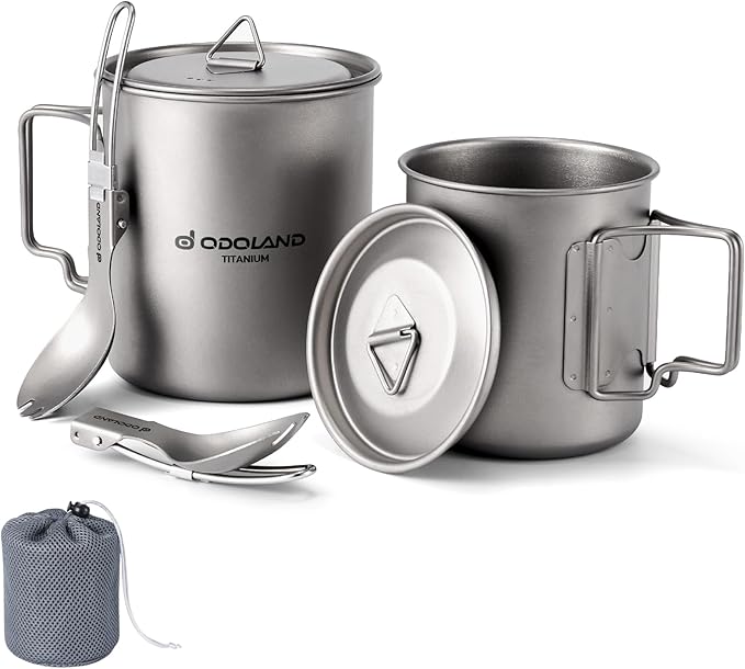 Odoland Titanium Camping Cookware 420ML & 750ML Titanium Pot with Lid and Spork Lightweight Camping Pot for Backpacking Hiking Traveling and Picnic