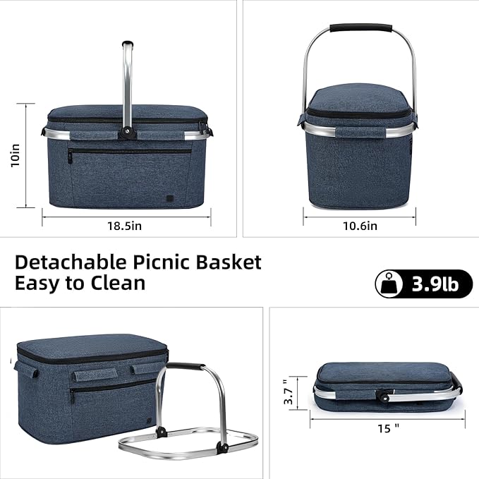 ALLCAMP Picnic Basket - 2 Ice Box Included 32L Insulated Cooler, Thickening Foldable Picnic Basket with Removable Baskets & Sewn-in Frame, Basket for House Warming Gifts New Home(Blue)
