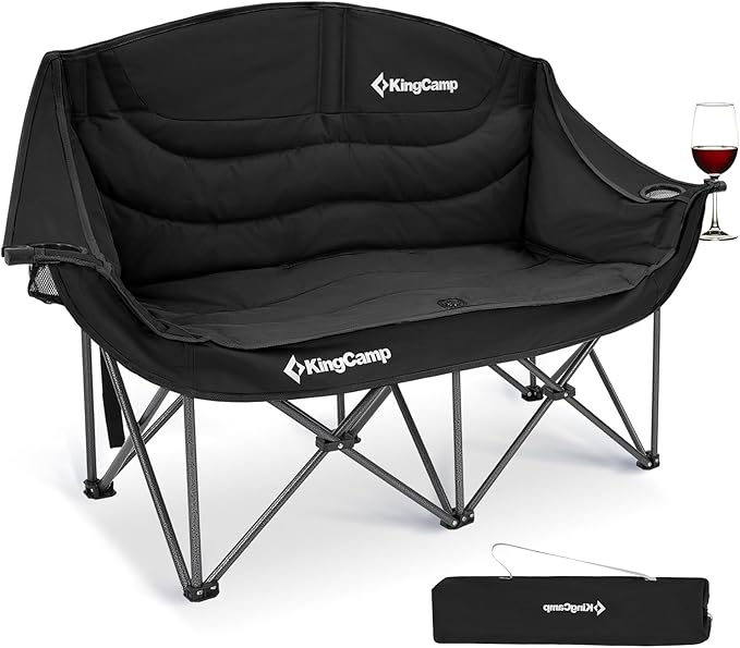 KingCamp Double Camping Chair, Oversized Heavy Duty 550lbs Loveseat for Adults Portable Folding XL 2 Person Couch Padded Comfortable Two Seat with Cup Holder for Outdoor Lawn Backyard, Black