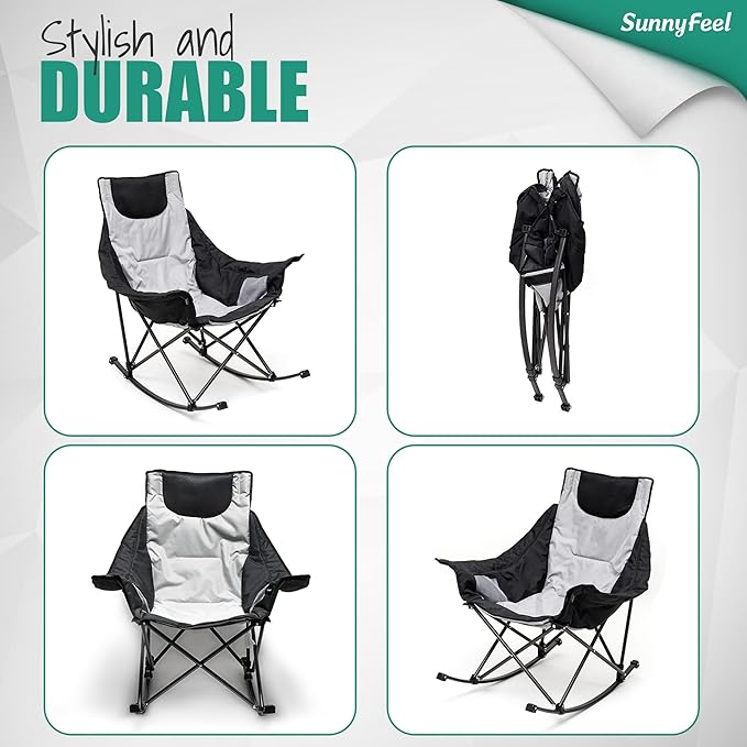 SUNNYFEEL Oversized Rocking Camping Chair, Fully Padded Patio Chair with Side Pocket, High Back Portable Lawn Recliner with Headrest, Outdoor Camp Rocker Chairs for Adults Heavy Duty 500 LBS Carry Bag