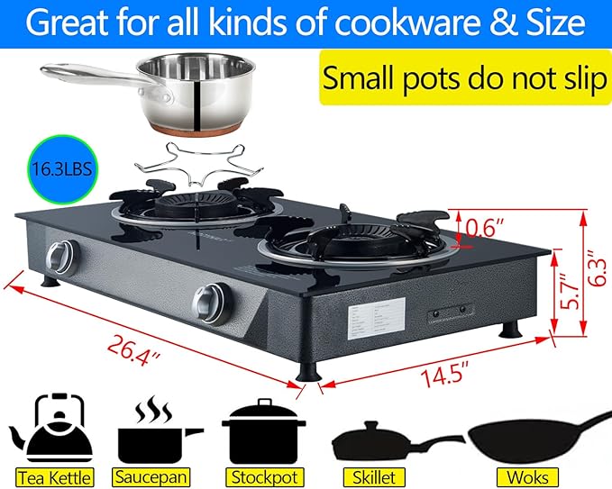 Propane Stove 2 Burner Gas Stove Auto Ignition 26000 BTU Tempered Glass Propane Burner LPG with CSA Hose for Outdoor Cooking, Emergency