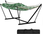 2 Person Double Hammock with Adjustable Steel Stand & Pillow, Heavy Duty Portable Outdoor Hammock Set, MAX 450 LBS Weight Capacity for Patio, Garden, Beach, Backyard