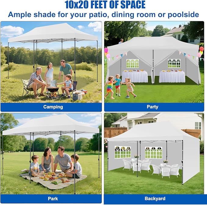Yesker 10x20 Pop Up Canopy Tent with Sidewalls Instant Outdoor Canopy, Waterproof & UV Protection, Easy Setup Adjustable Height Heavy Duty Shelter Gazebo Tent for Patio Backyard Party Events, White