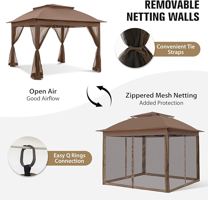 COOS BAY Pop up Gazebo 11x11, Instant Canopy Tent with Mesh Netting, Patio Gazebo with 121 Square Feet of Shade, 4 Weight Bags Included, Brown