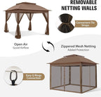 COOS BAY Pop up Gazebo 11x11, Instant Canopy Tent with Mesh Netting, Patio Gazebo with 121 Square Feet of Shade, 4 Weight Bags Included, Brown
