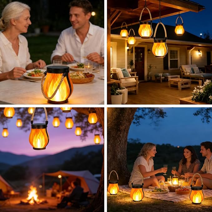 2 Pack Solar Lights Outdoor, Flickering Flame Garden Lights with 2 Modes, Dual Charging USB & Solar Powered, Outdoor Waterproof Hanging Lanterns for Holiday Patio Yard Decor