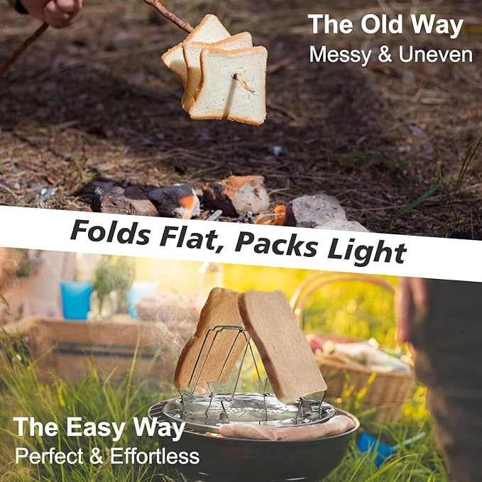 Folding Camping Toaster for Gas Stove Top – Stainless Steel 4-Slice Camp Stove Toaster Rack Holder – Portable Outdoor Bread Toaster for Camping, RV, Hiking & Picnic (Includes Tongs)