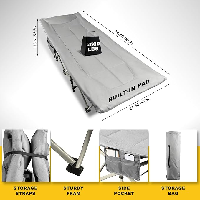 YELLOW JACKET Camping Cot with Mattress for Adults, Camping Cot for Adults with Cushion and Pillow Portable Folding Bed with Carry Bag for Camp, Home, Office, Travel, Black Supports 450 Lbs