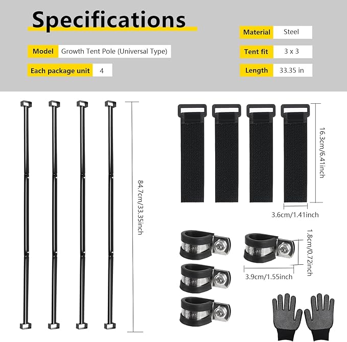 Heavy-Duty Grow Tent Mounting Bars, Durable Side Support Pole with Non-Slip Hook and Loop Straps for Indoor Grow Tents to Prevent Wall Suction (3 * 3’)