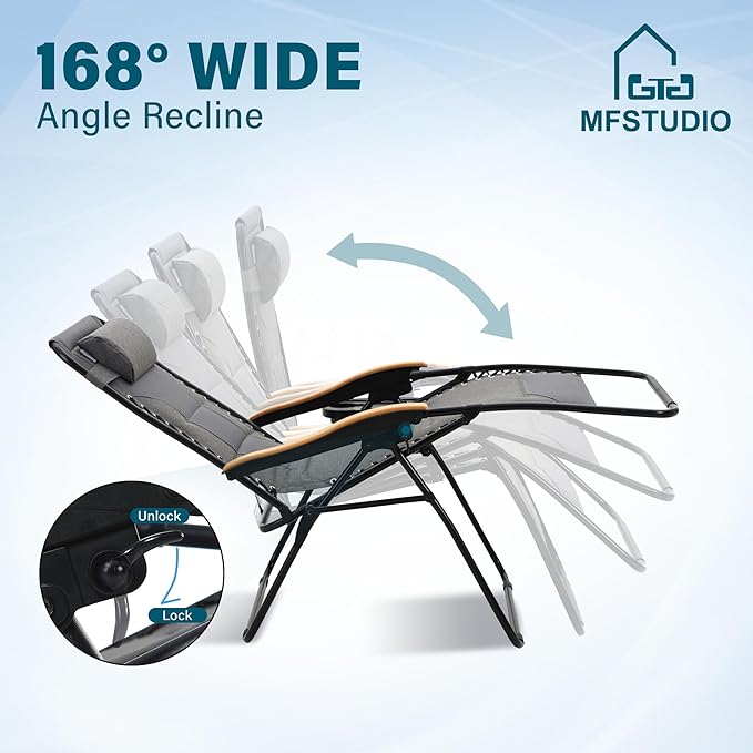MFSTUDIO Zero Gravity Chairs, Oversized Patio Recliner Chair, Padded Folding Lawn Chair with Cup Holder Tray, Support 400lbs, Light Grey