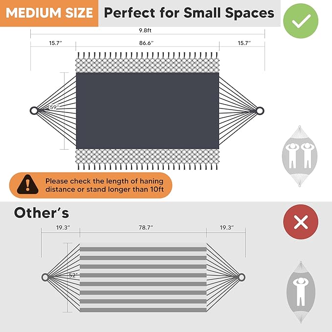 SUNCREAT Hammocks Outdoor Camping Double Hammock with Tassel, Fabric Hammock for Backyard, Dark Gray