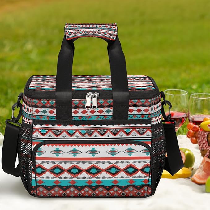 Leakproof Reusable Insulated Cooler Lunch Bag Ethnic Aztec Geometric Picnic Lunch Box for Women Men Cooler Tote Office Work Camping Beach 24 Can 15L