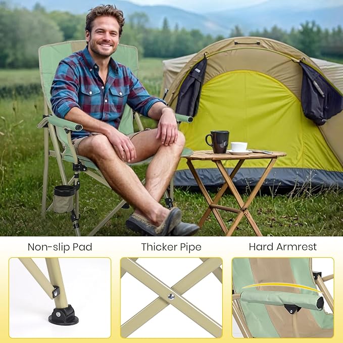 XGEAR Camping Chair with Padded Hard Armrest, Sturdy Folding Camp Chair with Cup Holder, Storage Pockets Carry Bag Included, Support to 400 lbs