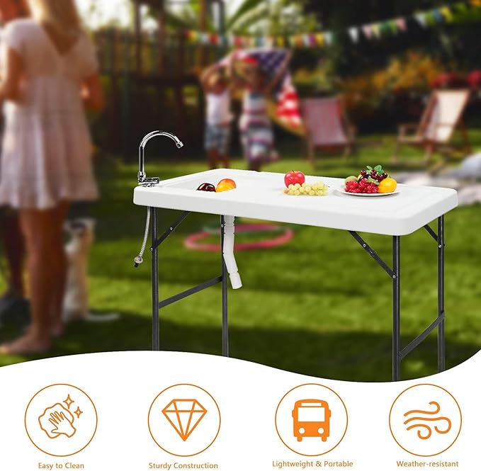 Portable Camping Folding Fish Cleaning Table with Sink & 360-Degree Rotatable Stainless Steel Faucet, Drainage Hose Included - Outdoor Fillet Table for Picnic, Beach & Patio