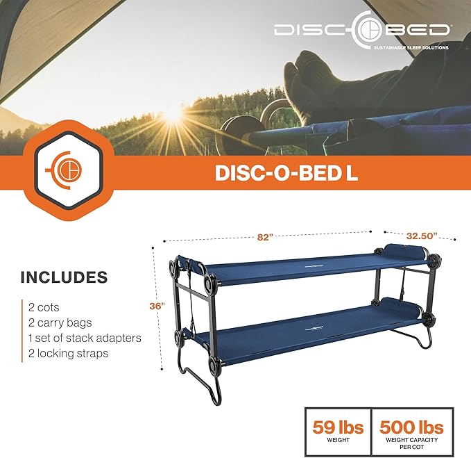 Disc-O-Bed Large Outdoor Convertible 2 Person Bench and Double Camping Cot Portable Bed Bunk System for Adults, Navy