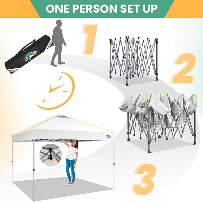 COBIZI 10x10 Pop Up Canopy Tent, Outdoor Party Tent with 4 Sidewall One Push Setup Glow, 3 Adjustable Height Air Vent Waterproof UPF50+, Bag, 4 Sandbag, 8 Stake, 4 Rope for Beach, Commercial