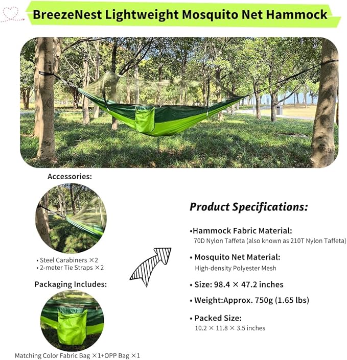 Camping Hammock with Mosquito Net, Lightweight Double Hammock for 2 Person, 210T Parachute Nylon Portable Sleeping Hammock with Tree Straps & Aluminum Carabiners, for Hiking Backpacking Outdoor Travel