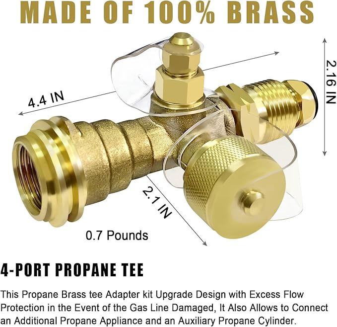 4-Port Propane Brass Tee kit with 5FT and 12FT Stainless Braided Hose, Tee Adapter Kit Allows for Connection Between Auxiliary Propane Cylinder and Propane Appliances for Motorhomes Tank RV Camping