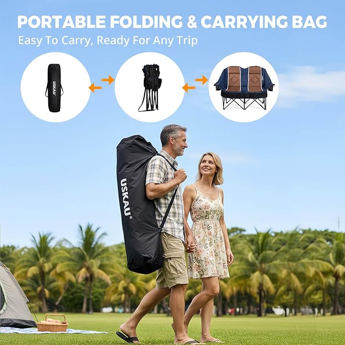 Oversized USLCamping Chair - 2 Person Portable Folding Outdoor Loveseat Heavy Duty Lawn Chairs for Adults with Padded Cushion & Dual Cup Holders, Supports 660LBS for Camping，Sports，Picnic