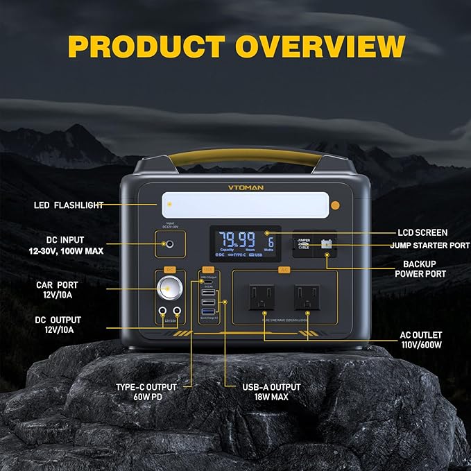 VTOMAN Jump100 88.8Wh/100W+Jump 600X 299Wh/600W Portable Power Station, LiFePO4 Battery Solar Generator for Camping, Hiking, Fishing, Home Backup