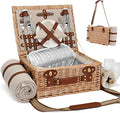 Picnic Basket with Blanket and Wine Pouch for 2, Wicker Picnic Set with Insulated Liner Cooler Bag Hamper for Camping,Wedding - Natural